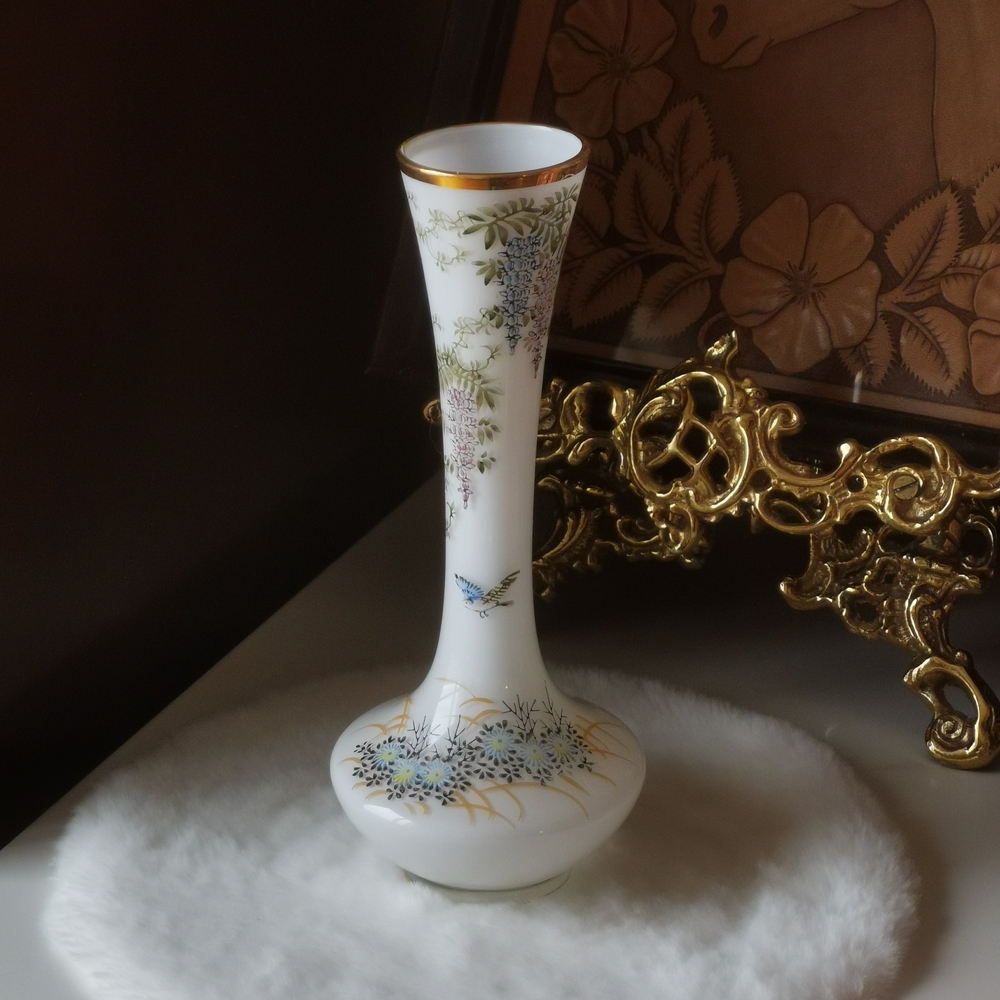 White Frosted Glass Bud Vase with Gold Trim Hand Painted Floral & Bird Motif